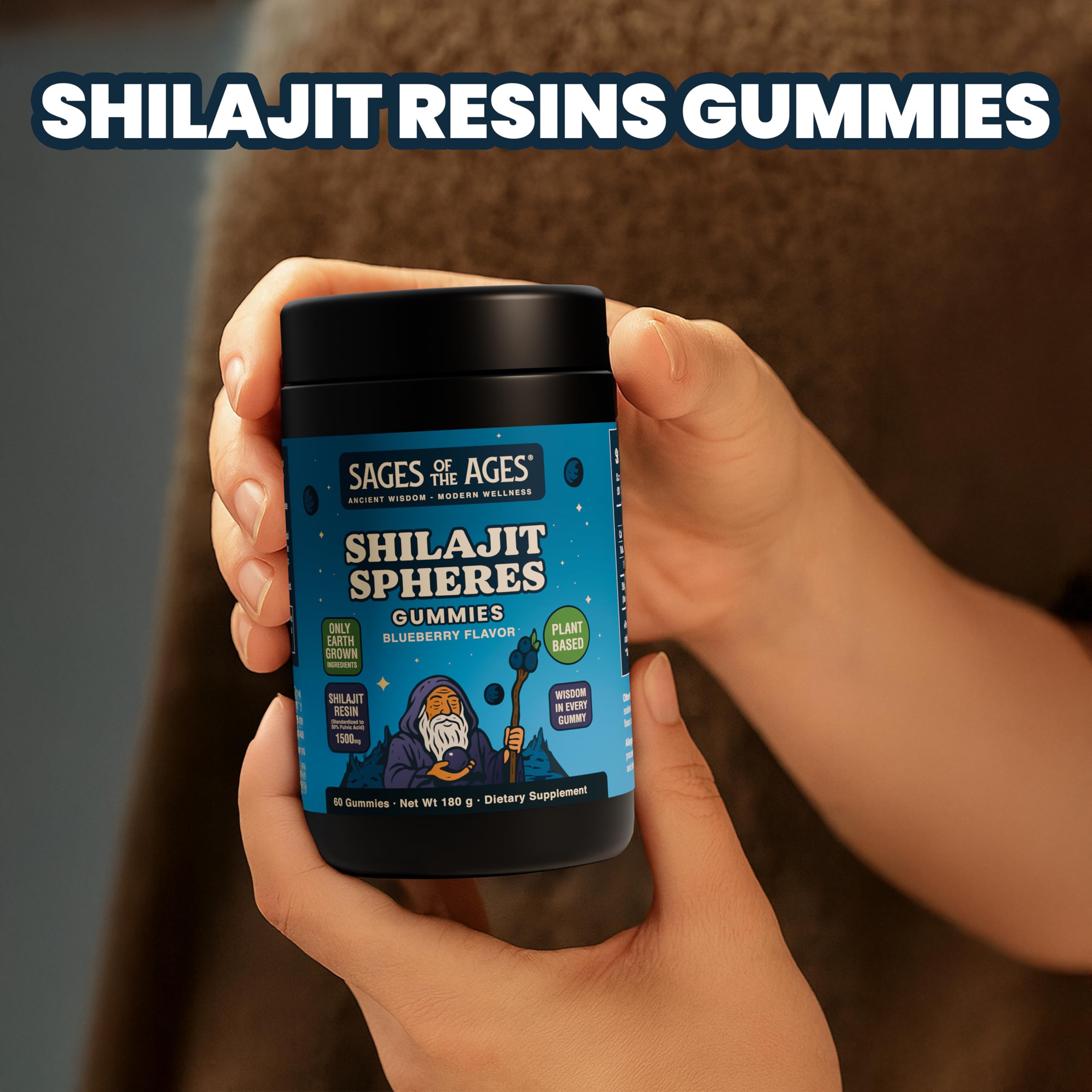 Sages Of The Ages Shilajit Gummies bottle on shelf signaling premium Himalayan nutrition.