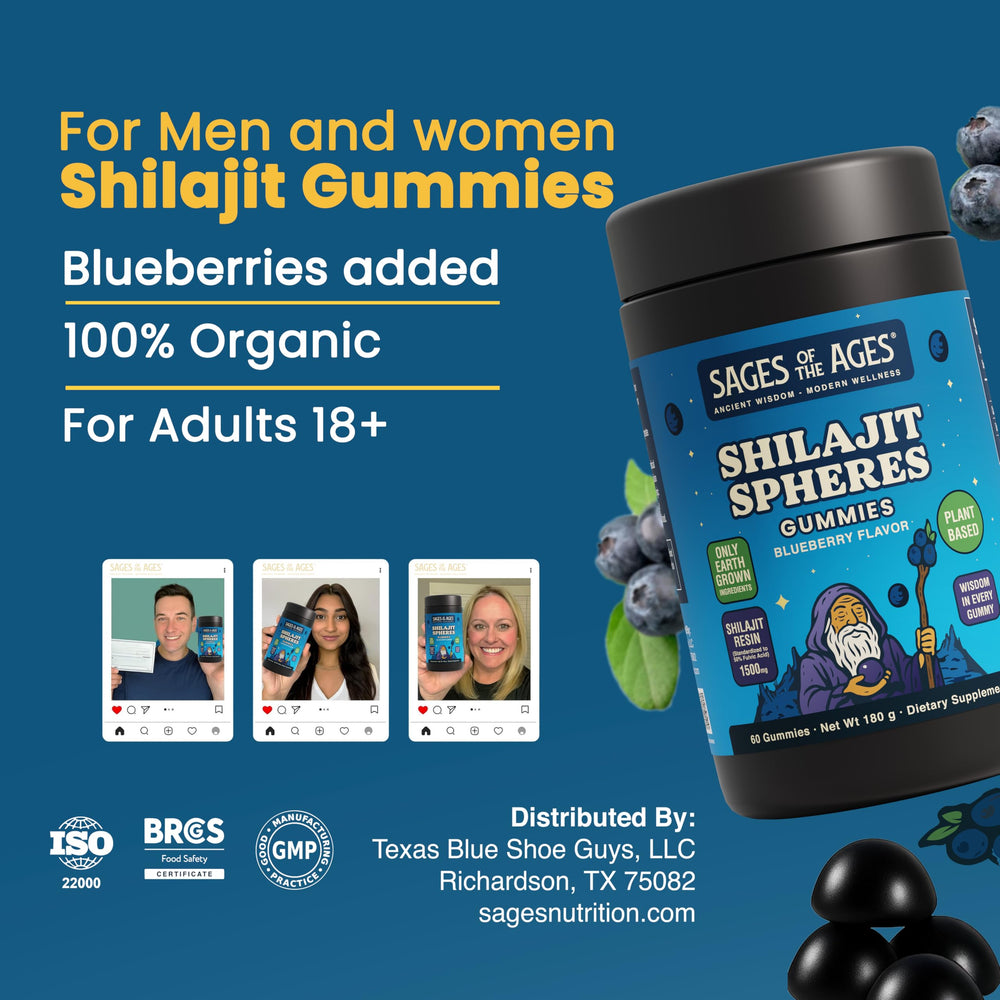 Sages Of The Ages Shilajit Gummies vegan label signaling sugar-free option.