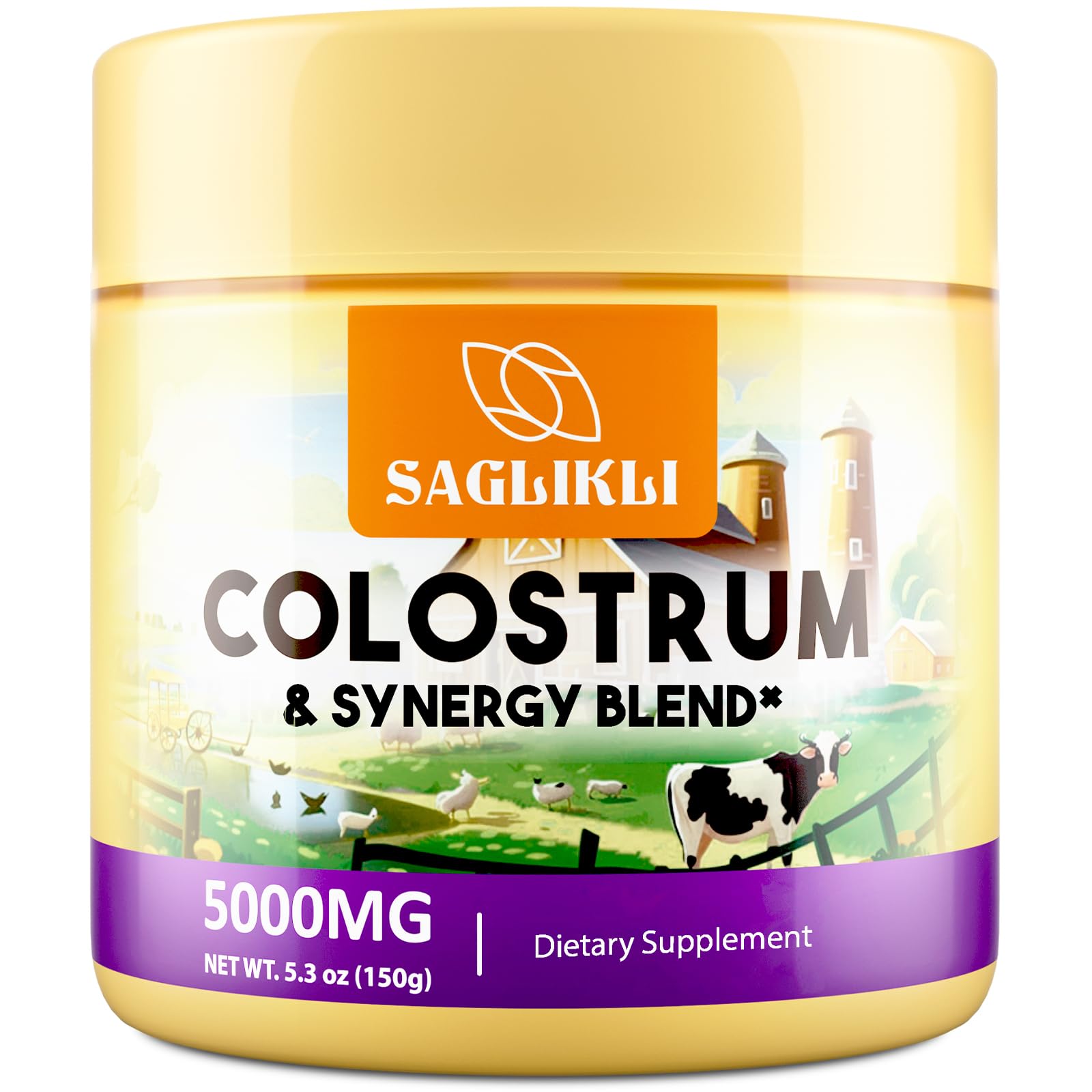 Saglikli Colostrum Bottle showing 5000 mg serving for daily nourishment.