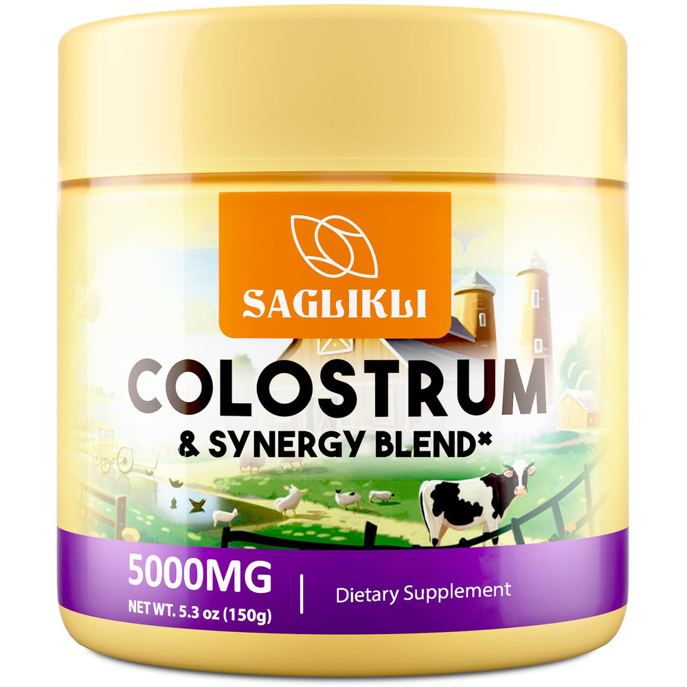 Saglikli Colostrum Bottle showing 5000 mg serving for daily nourishment.