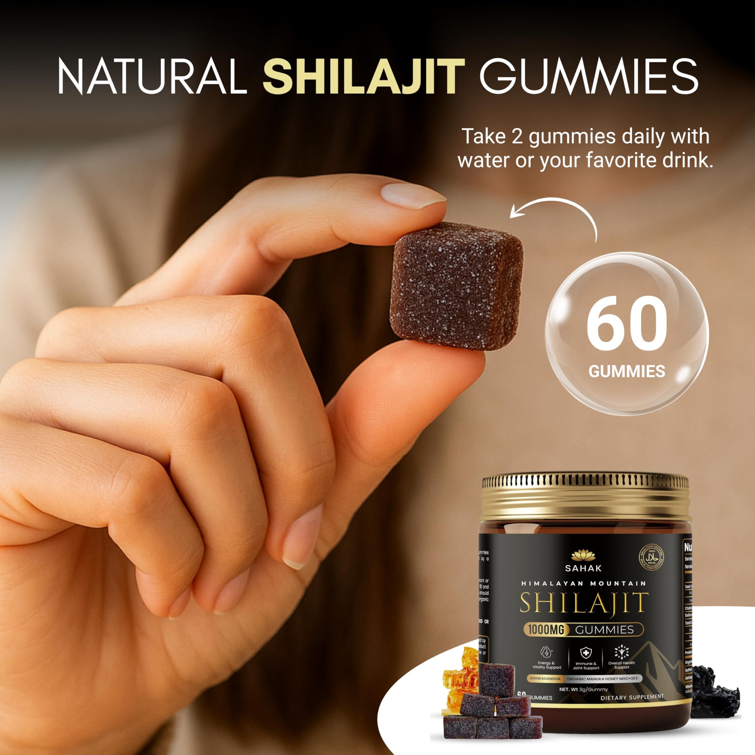 SAHAK Shilajit Gummies with Ashwagandha blend for steady focus.