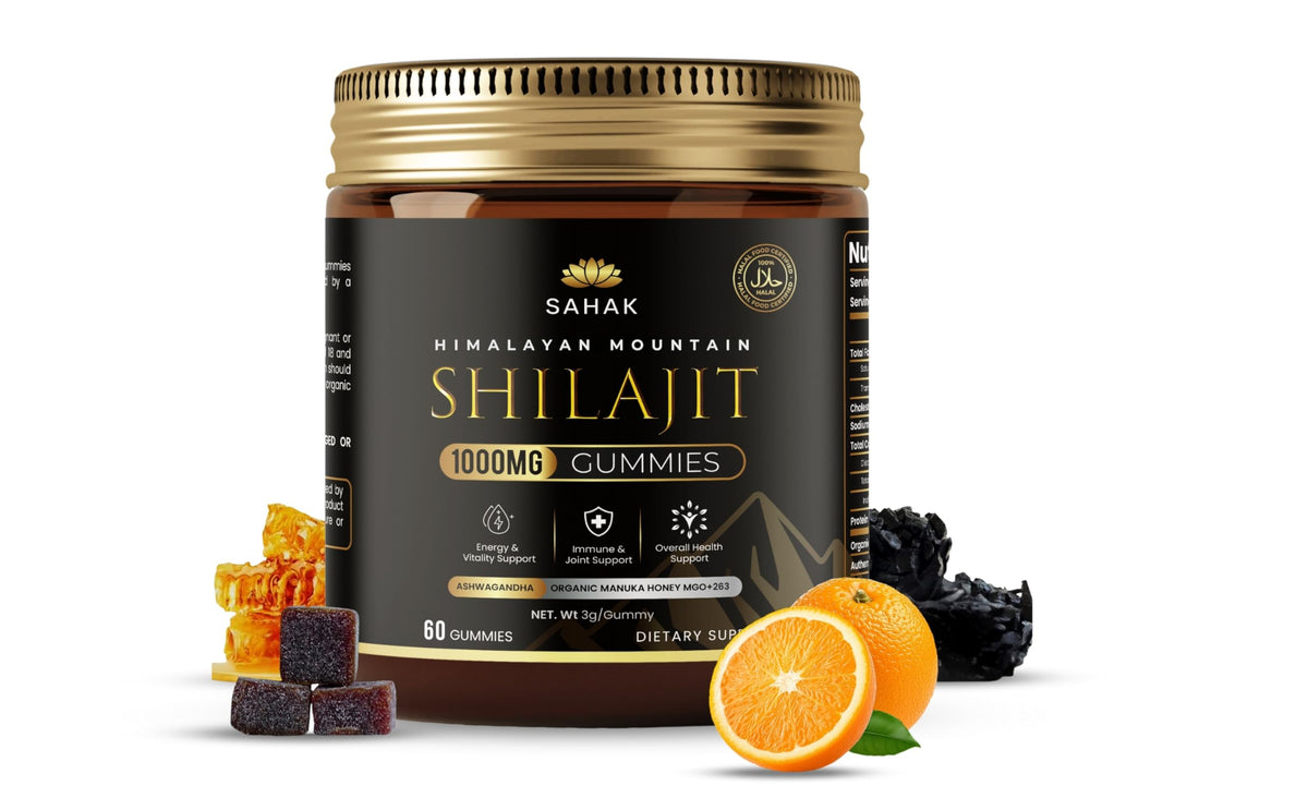 SAHAK Shilajit Gummies bottle pour for convenient daily energy.