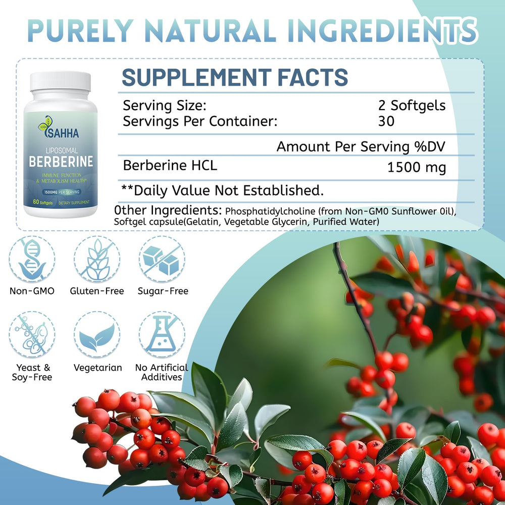Sahha Liposomal Berberine 1500mg liposome graphic highlights targeted delivery