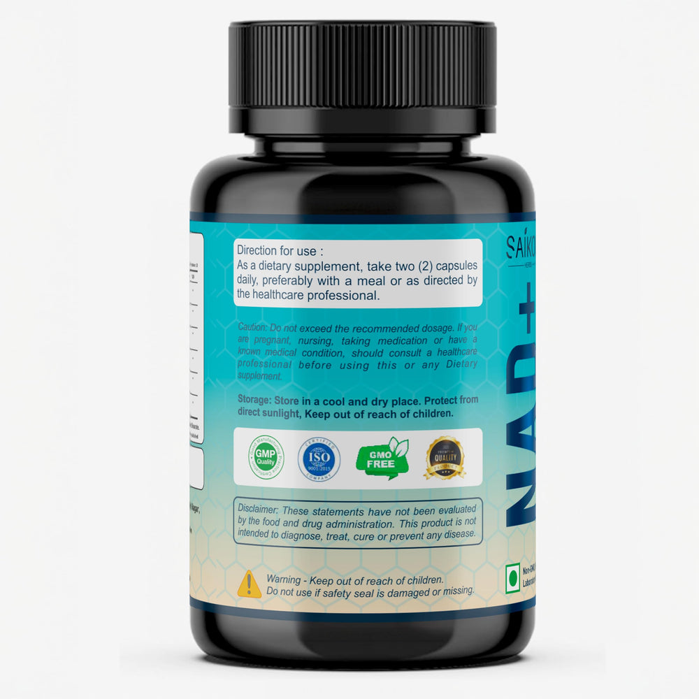 SAIKOU HERBS NAD+ 60 capsule packaging box showcasing natural, filler-free supplement.