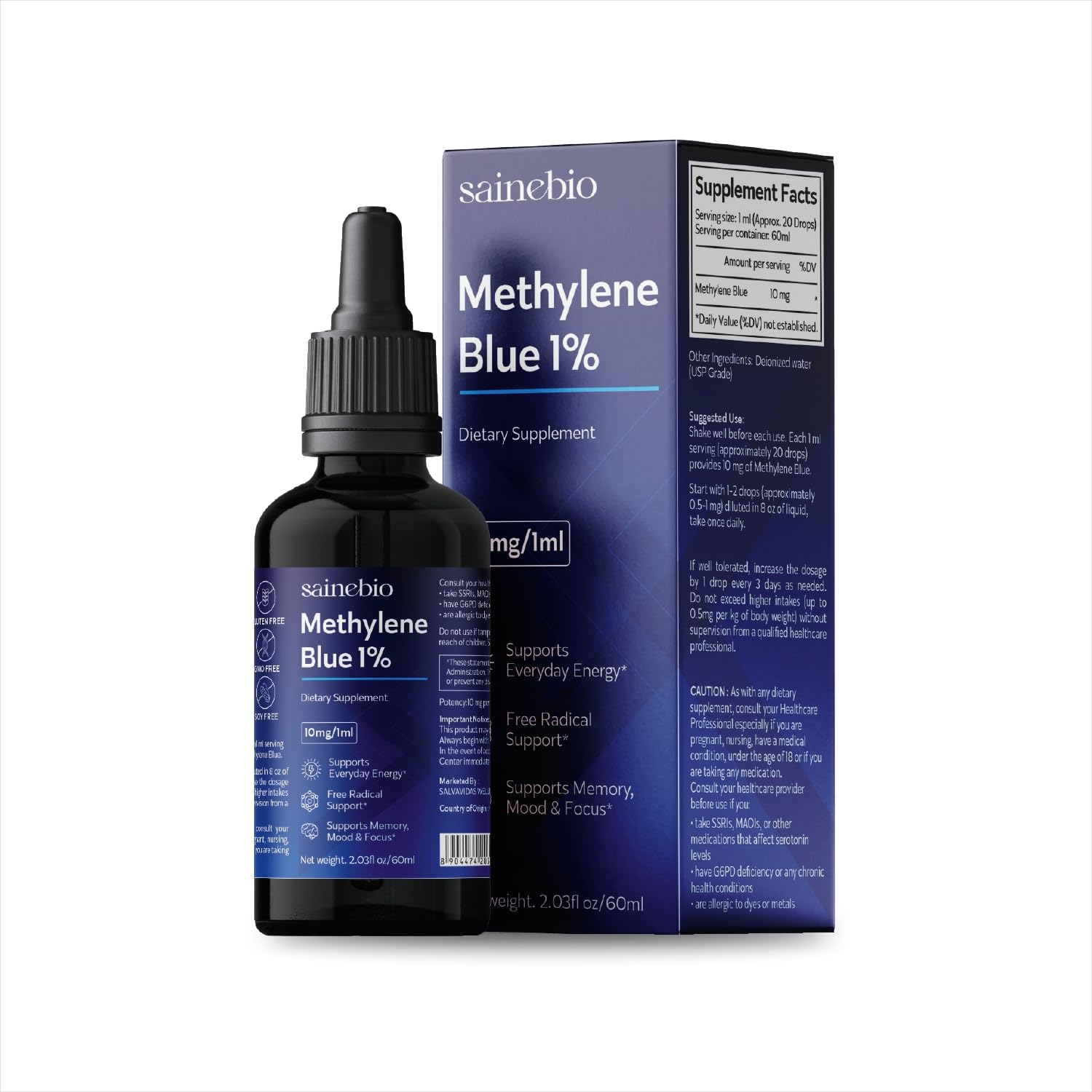 SAINEBIO Methylene Blue bottle for focused energy and clarity.
