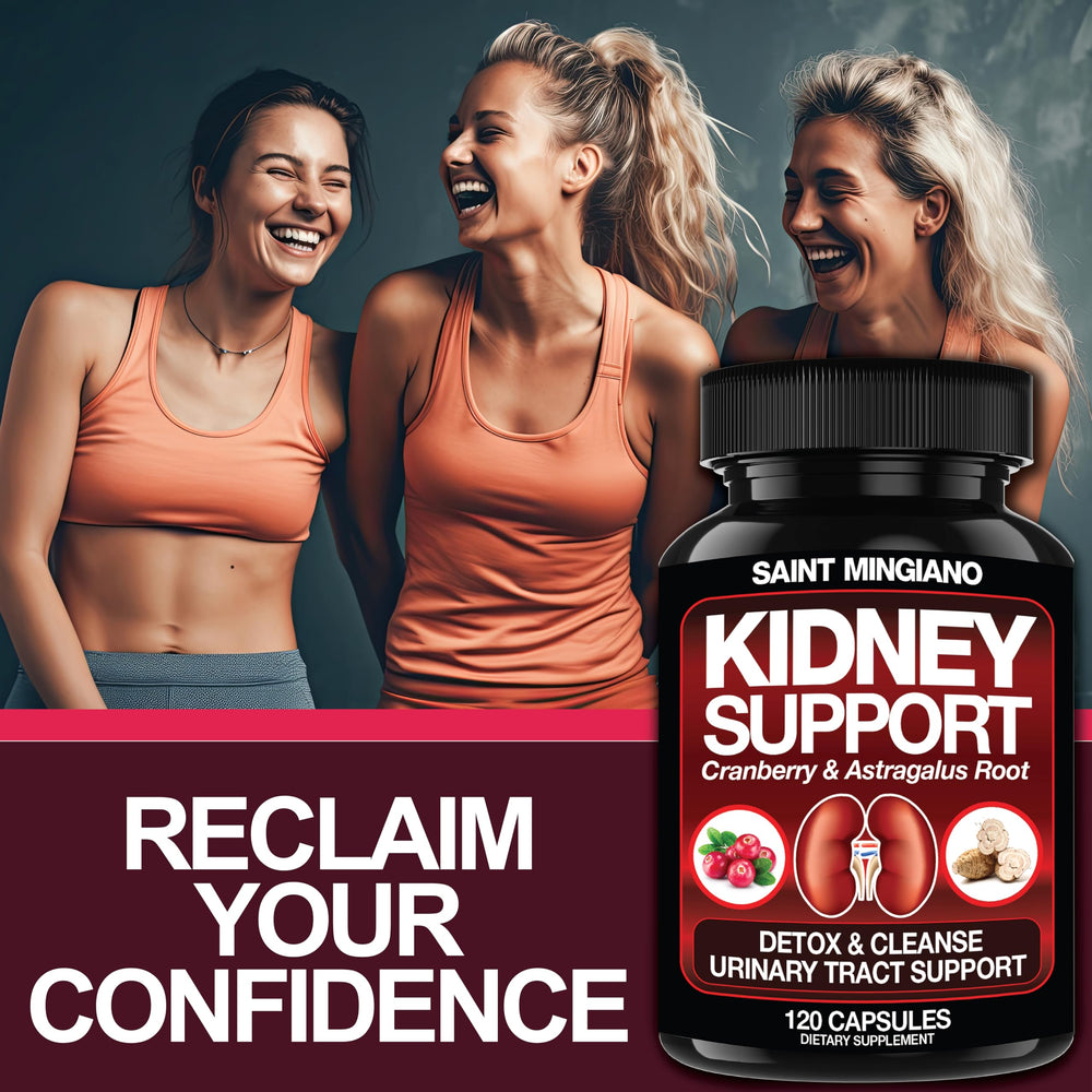 Saint Mingiano Kidney Support capsules closeup, cranberry herbal blend for urinary wellness