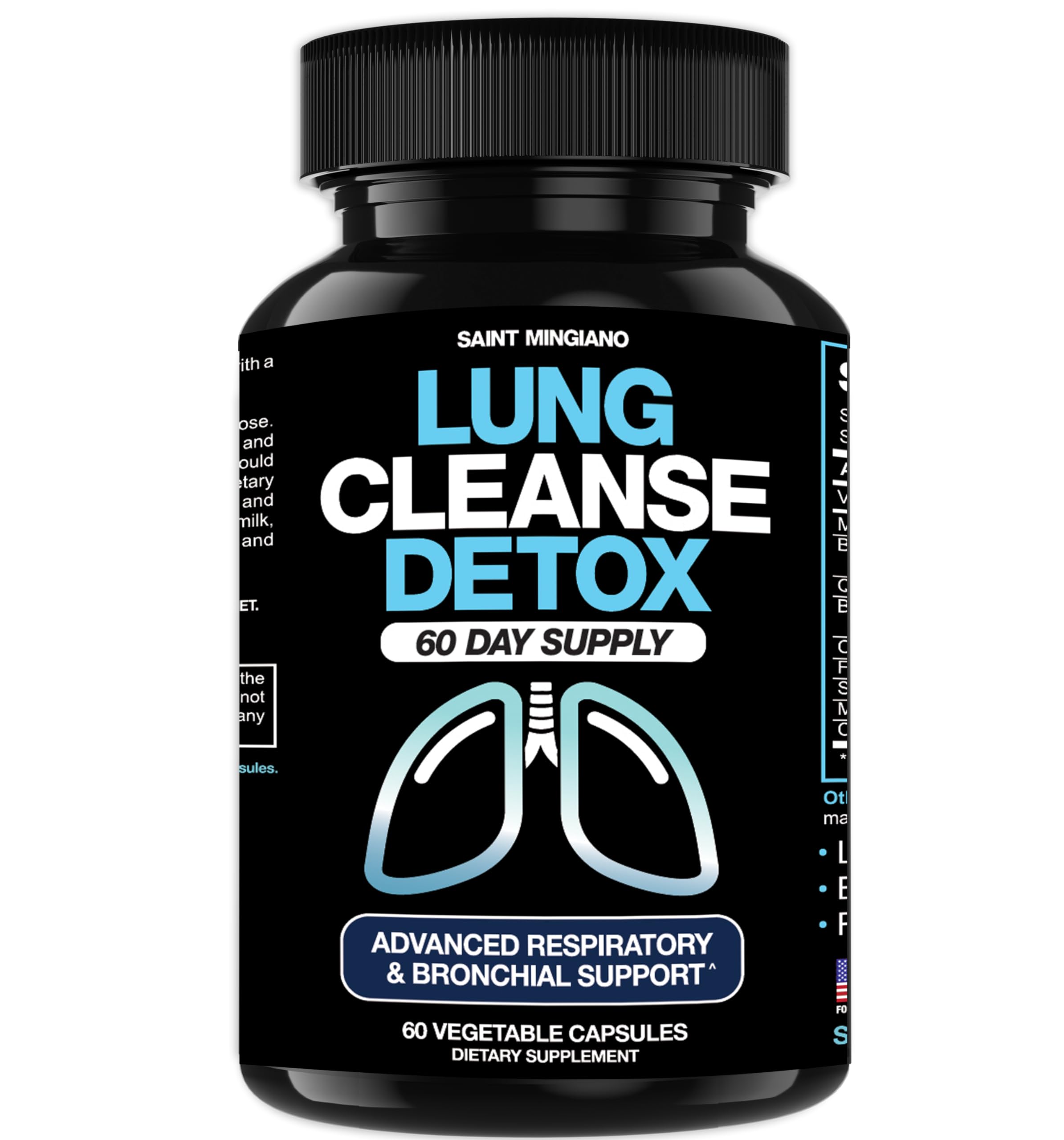 Saint Mingiano Lung Cleanse bottle highlighting herbal respiratory support.