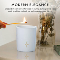 Saint X Sacrament Candle lit to create warm meditation ambiance