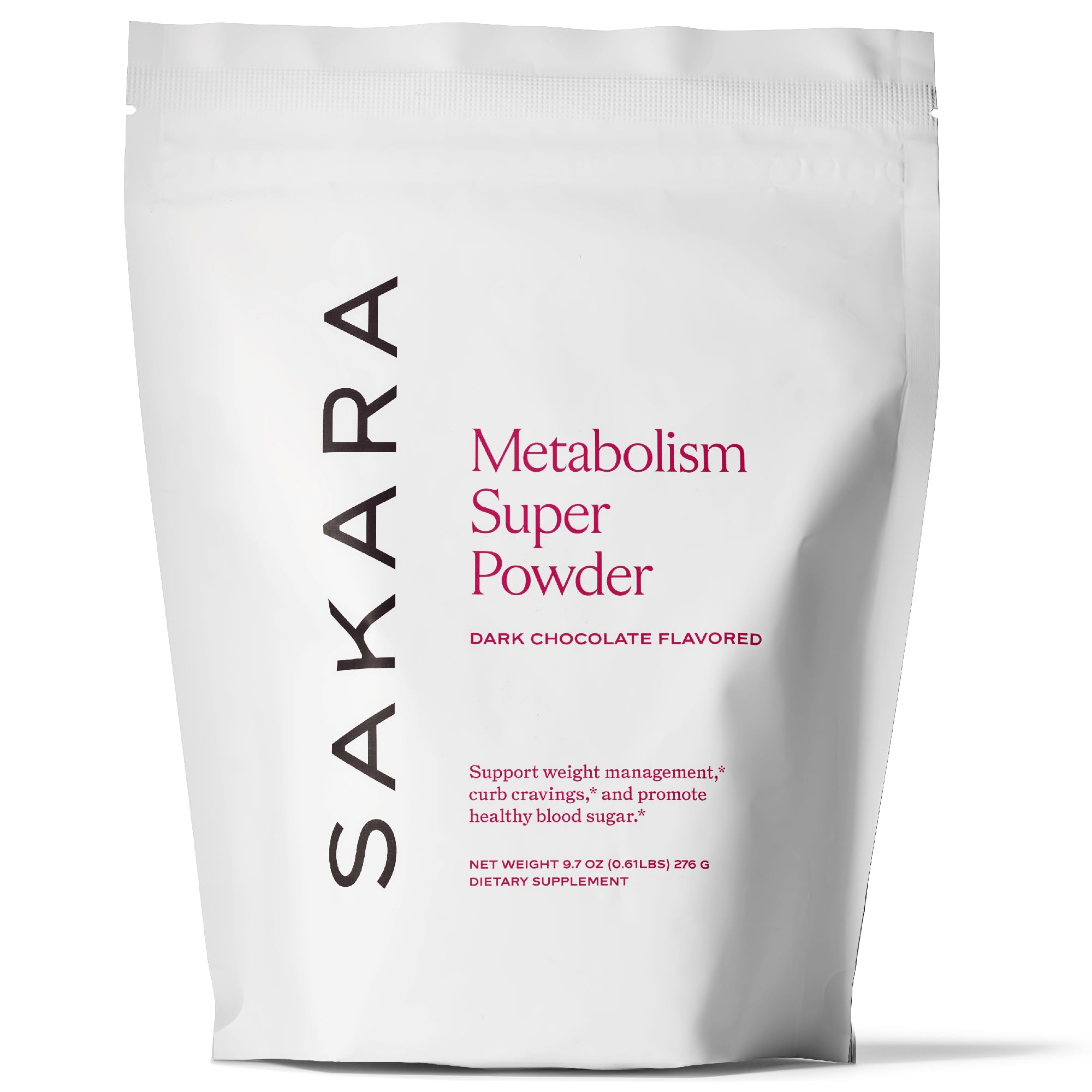 SAKARA Metabolism Super Powder bottle with chocolate flavor for daily energy balance.