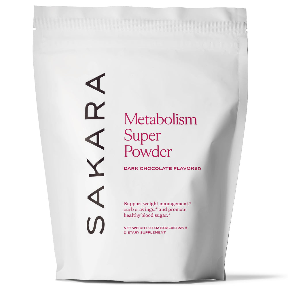 SAKARA Metabolism Super Powder bottle with chocolate flavor for daily energy balance.
