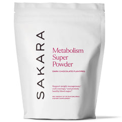 SAKARA Metabolism Super Powder bottle with chocolate flavor for daily energy balance.