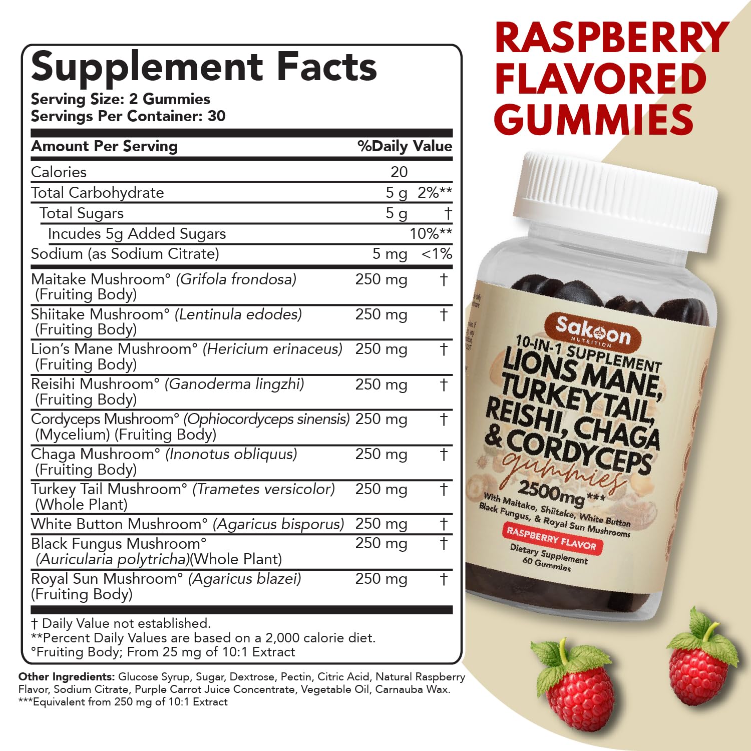 Close-up of the 10-mushroom blend label from Sakoon Gummies