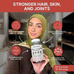 Sakoon Nutrition collagen gummies hair-skin-nails image signals potential beauty benefits.
