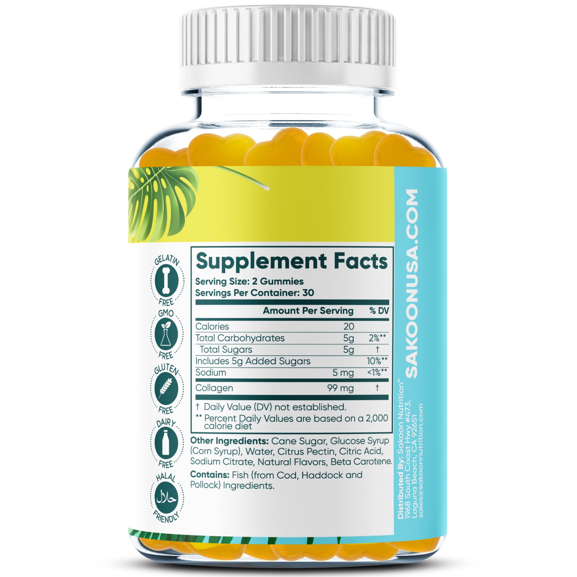 Sakoon Nutrition halal collagen gummies label showing quality ingredients and non-GMO status.