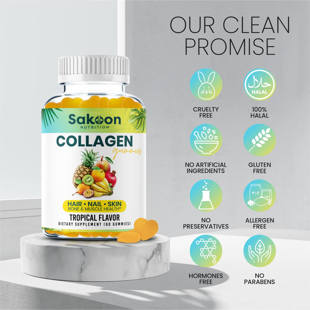Sakoon Nutrition collagen gummies for nails, hair, and skin appearance.