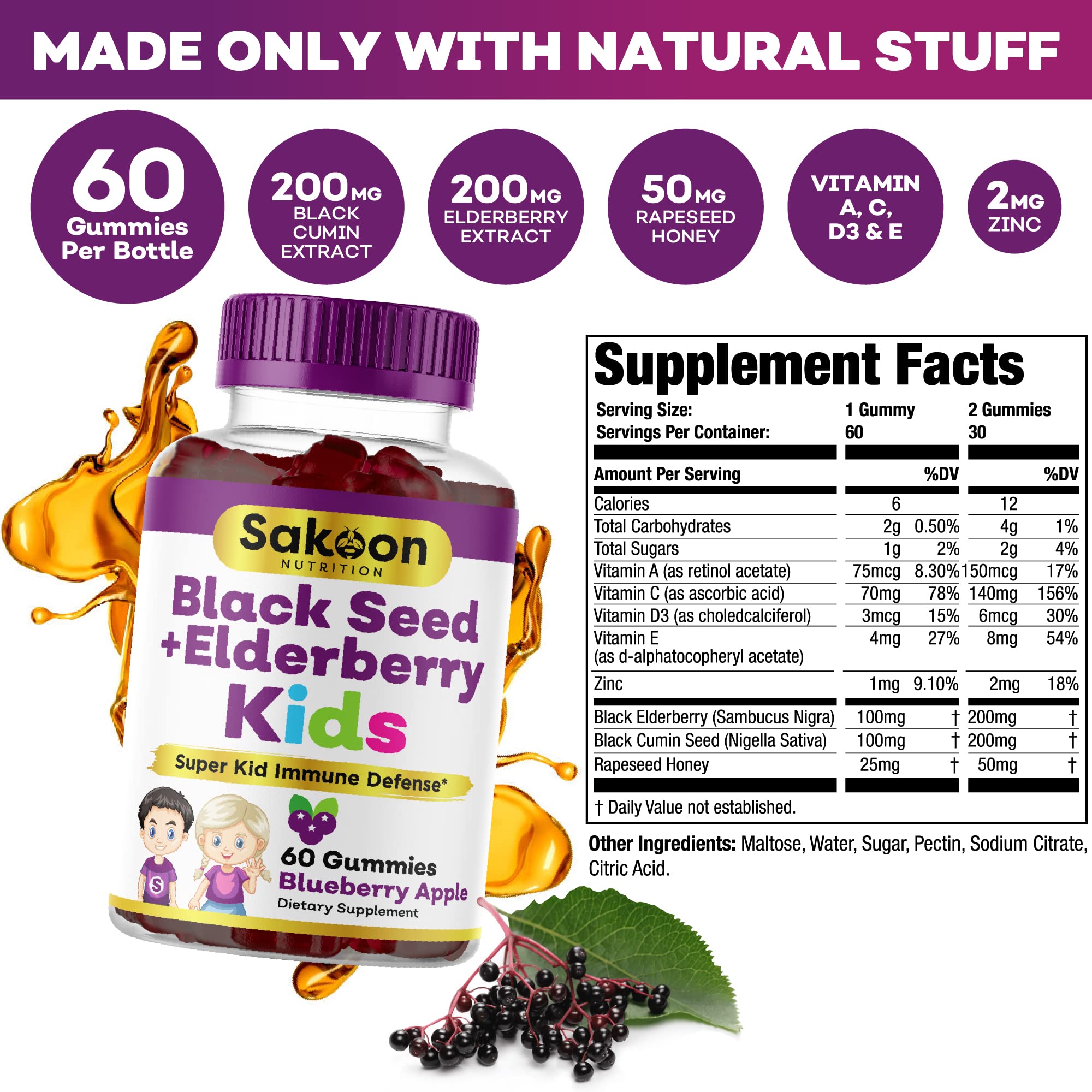 Sakoon Nutrition immune-support gummies for kids, pack for easy addition to routines.