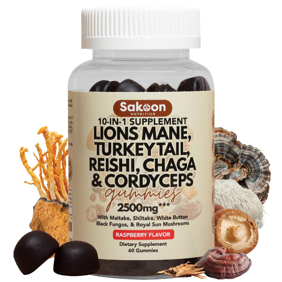 Sakoon Nutrition Lions Mane Gummies Raspberry bottle boosts daily focus