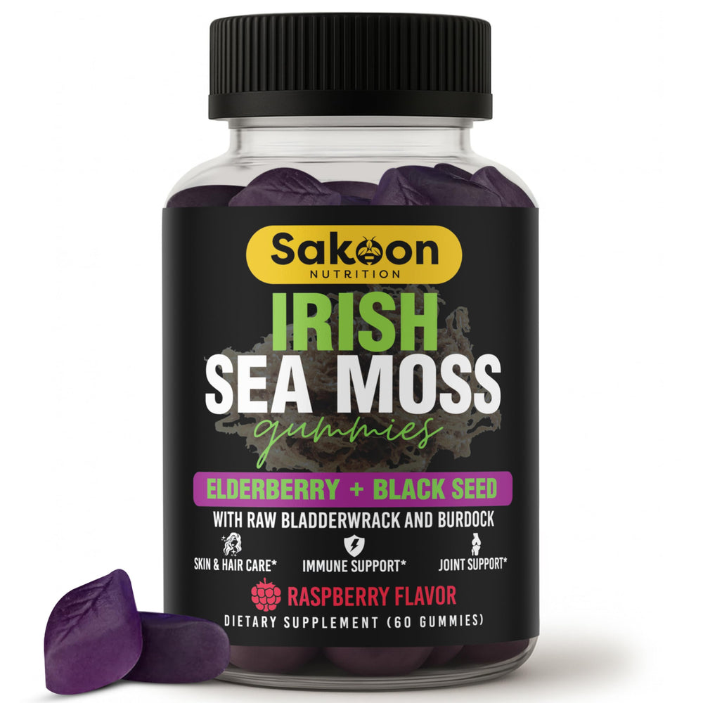 Sakoon Nutrition Irish Sea Moss Gummies elderberry bottle for daily wellness