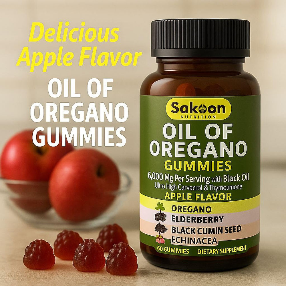 Vegan and Non-GMO labels on Sakoon Oil of Oregano Gummies packaging.