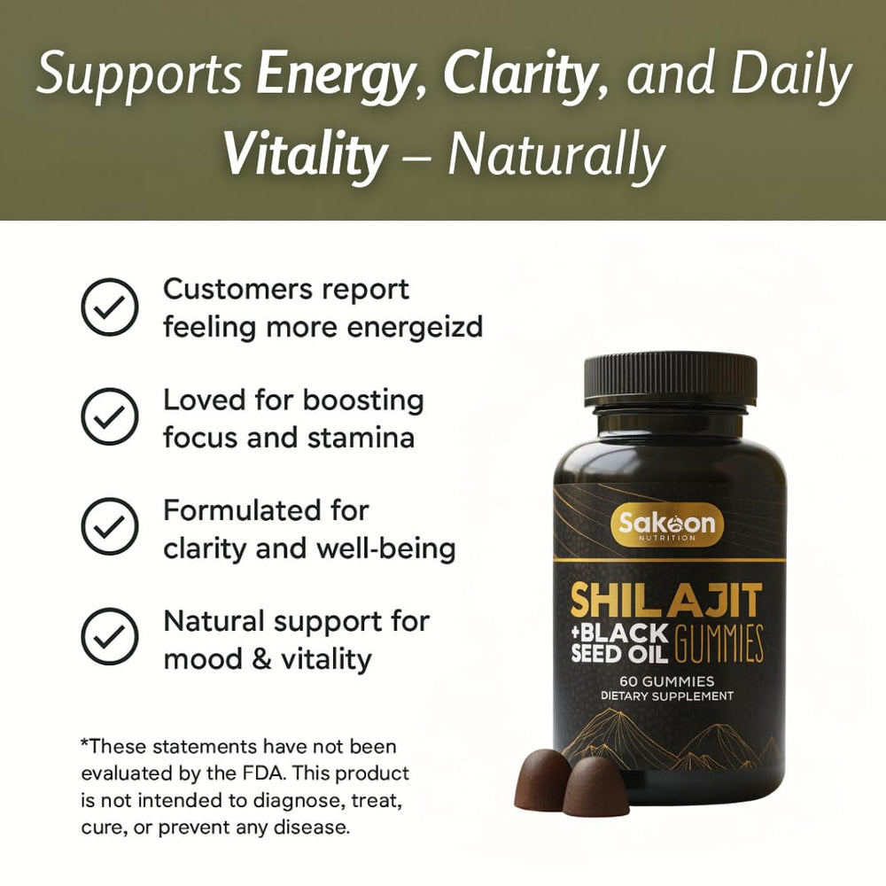 Close-up of Sakoon Shilajit Gummies with black seed oil for immune support.