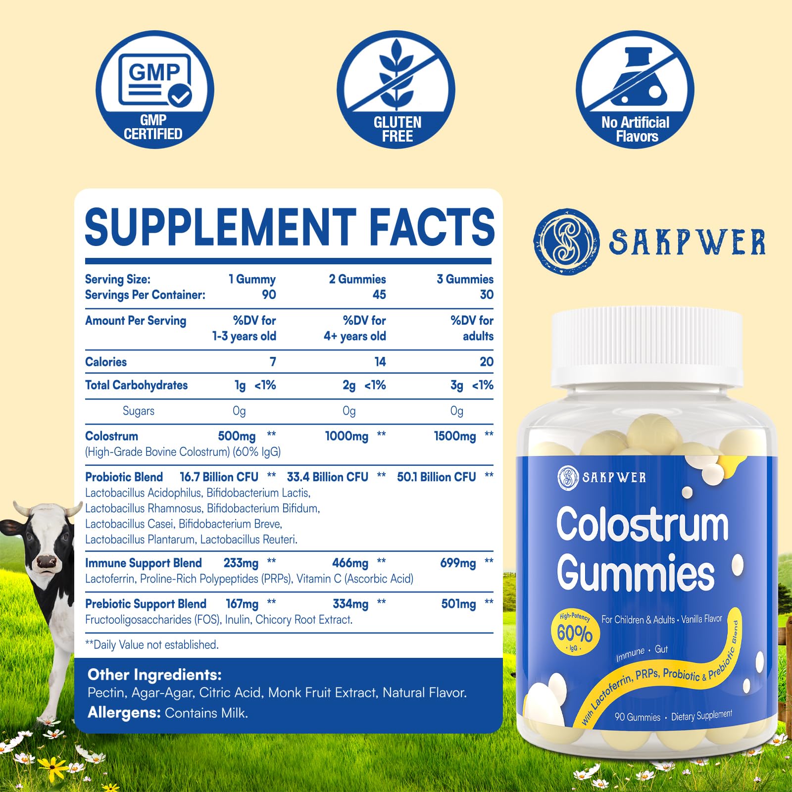 Sakpwer bottle close-up highlighting high IgG content for immune support.