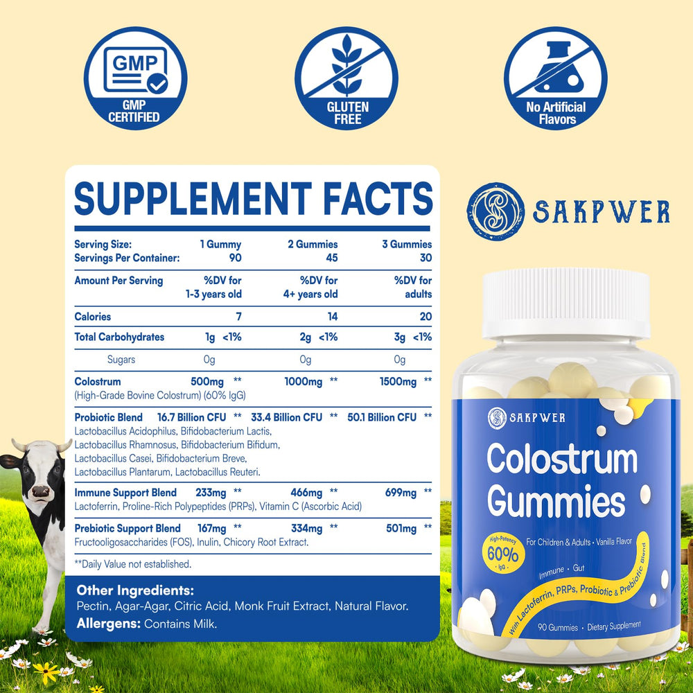 Sakpwer bottle close-up highlighting high IgG content for immune support.
