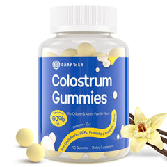 Sakpwer bovine colostrum gummies front label; vanilla flavor for daily immune support.