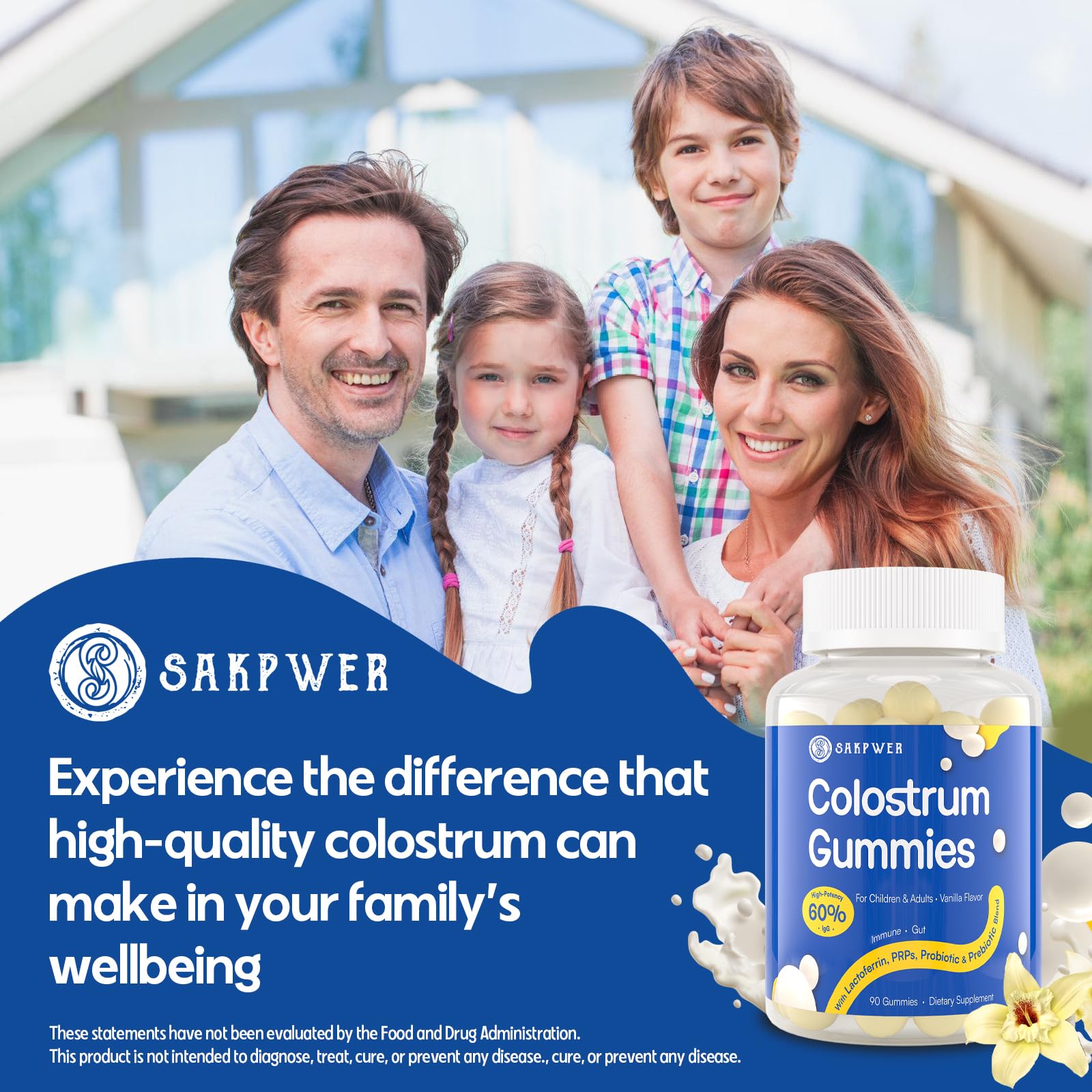 Sakpwer bottle with glass; convenient daily routine for family wellness.