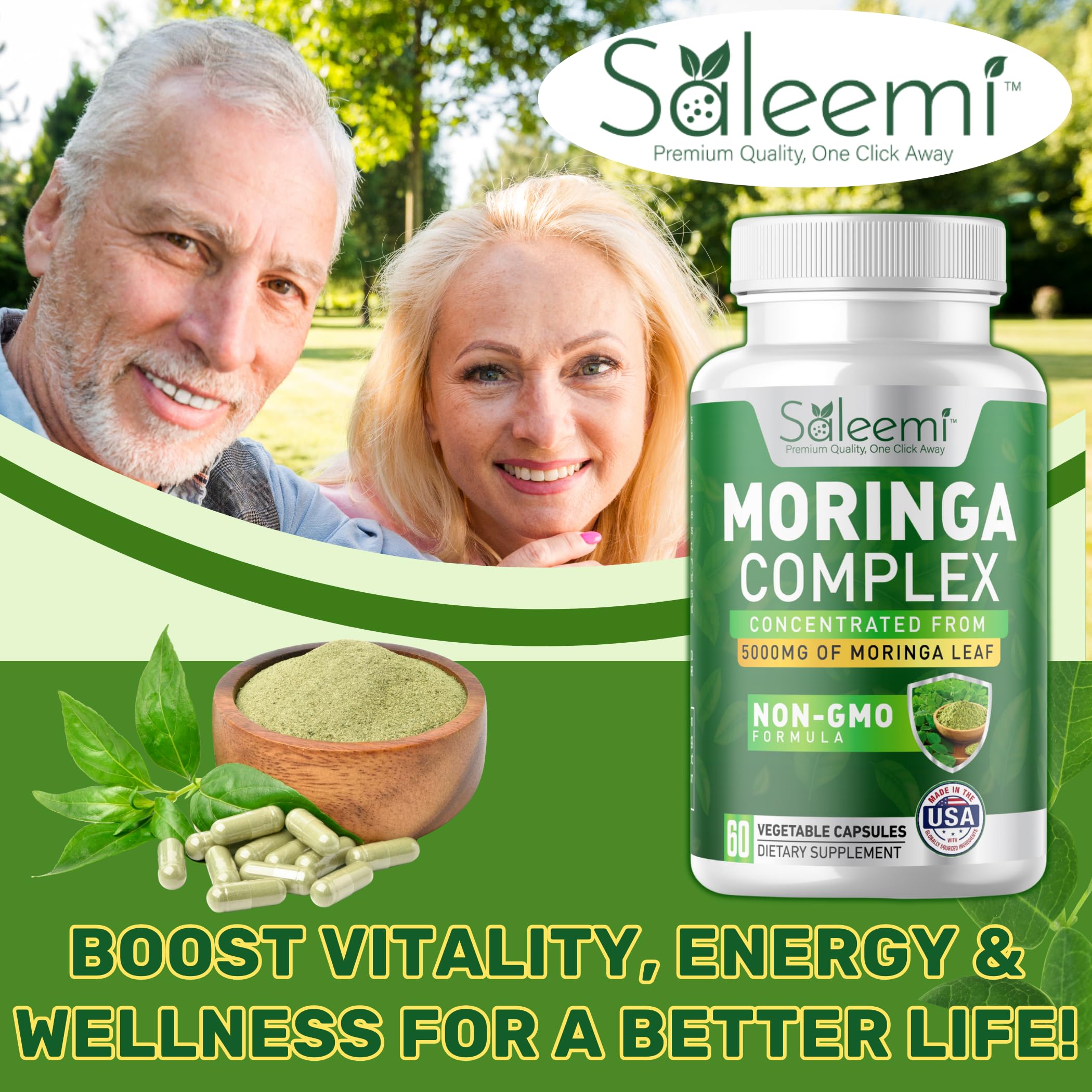 Saleemi Moringa Capsules ingredient chart highlighting vibrant nutrients