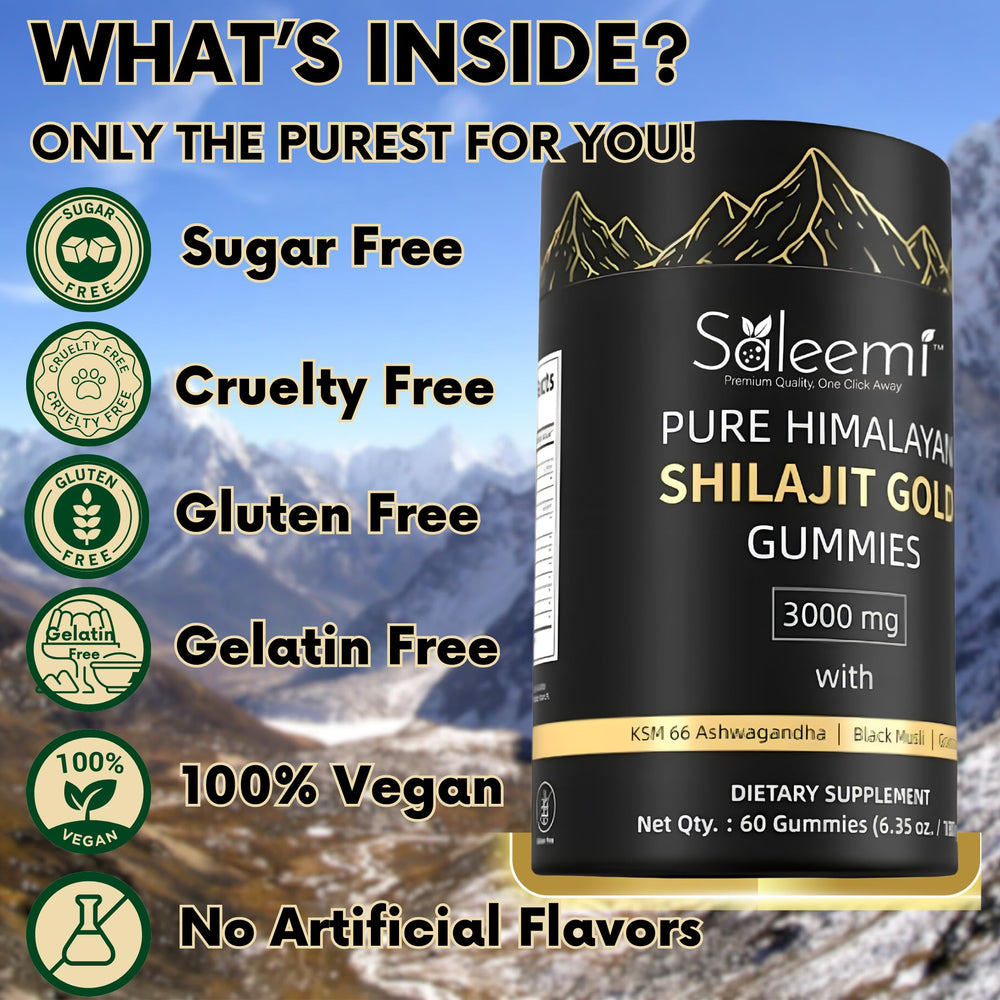 Saleemi Shilajit Gummies amber bottle on shelf for travel-friendly wellness