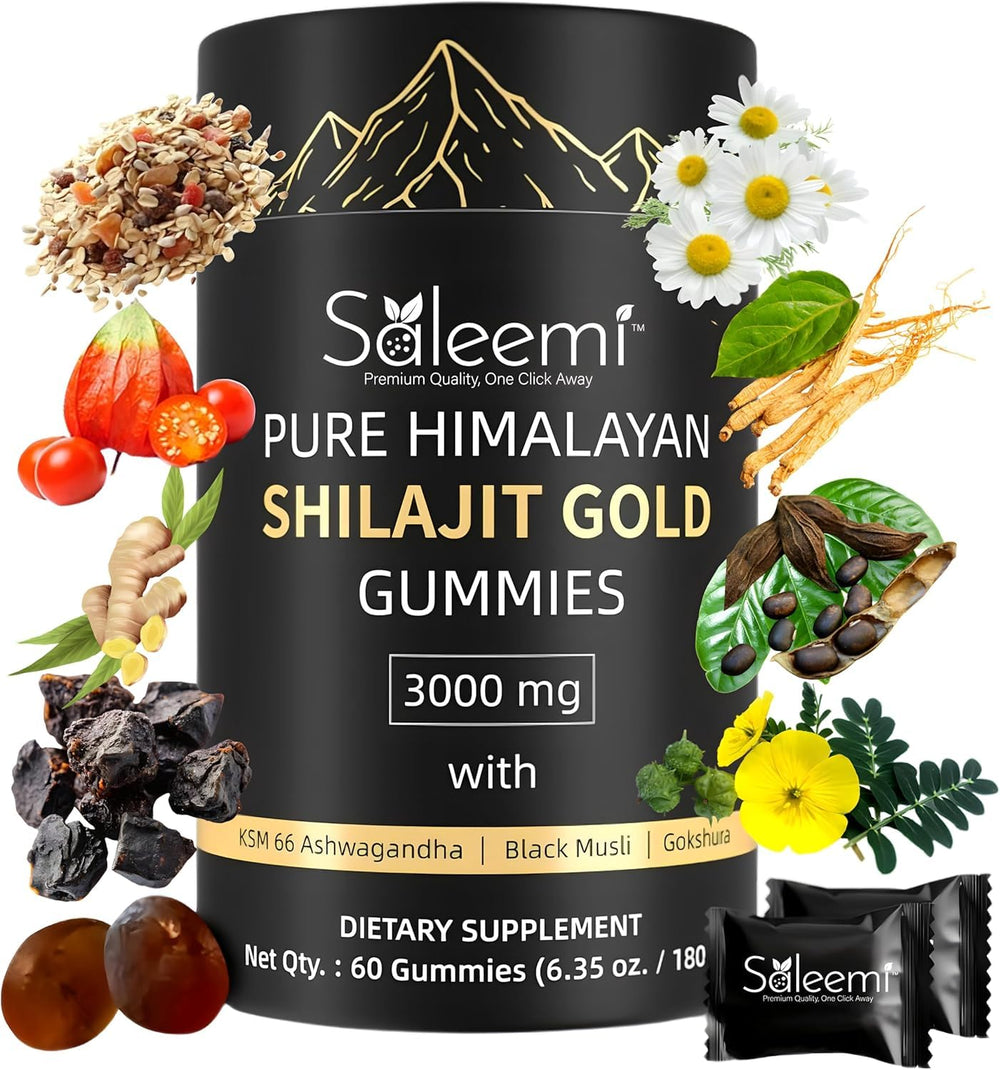Saleemi Shilajit Gummies bottle closeup showing gold-grade Shilajit for vitality
