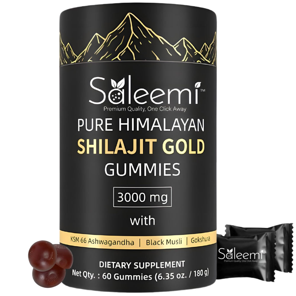 Saleemi Shilajit Gummies pack shot highlighting premium Himalayan formula for natural energy