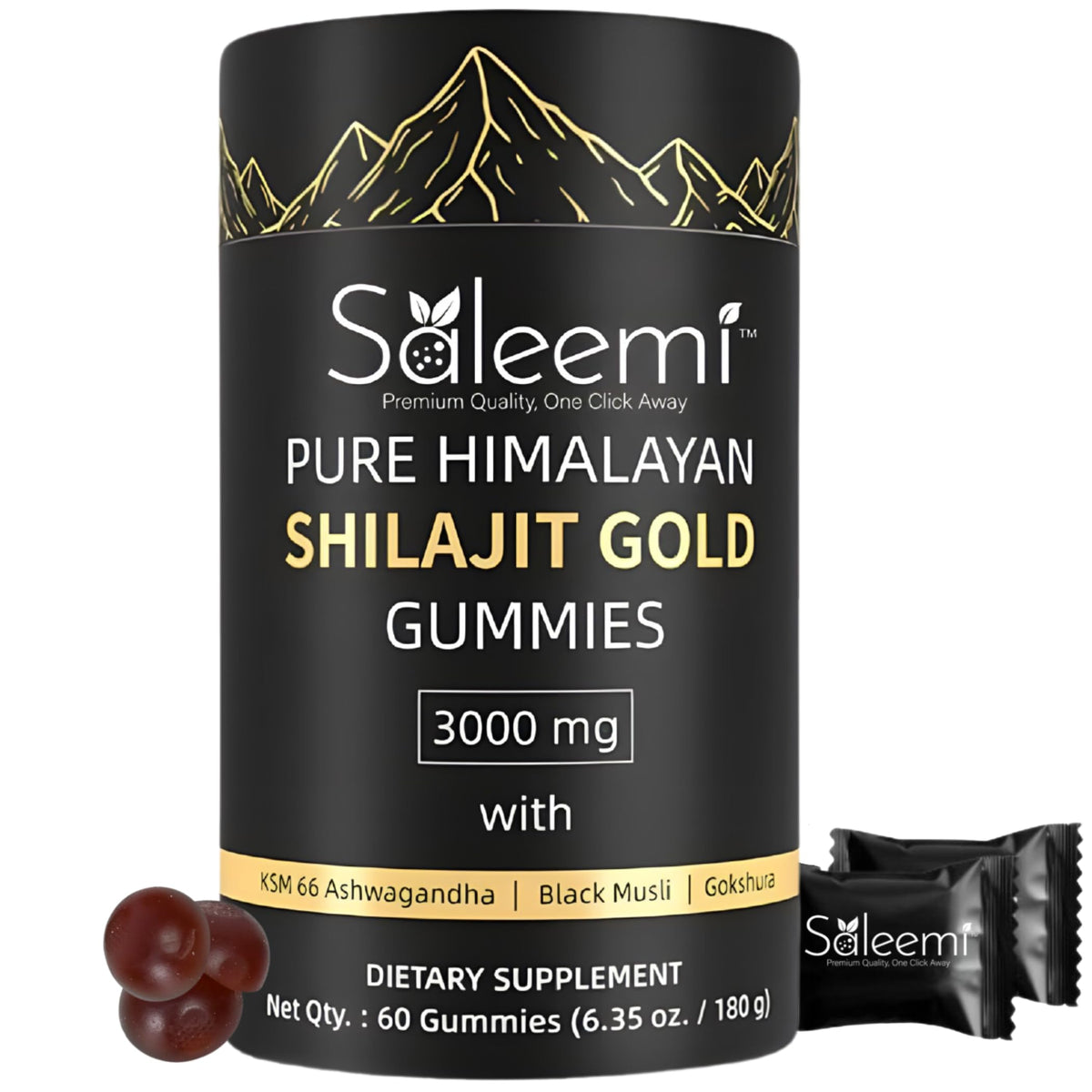 Saleemi Shilajit Gummies pack shot highlighting premium Himalayan formula for natural energy