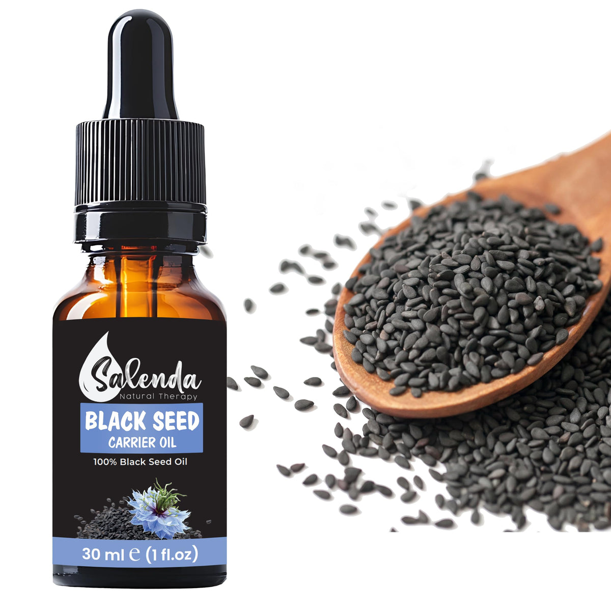 Salenda Black Seed Oil bottle front view, for immune support and skin nourishment.