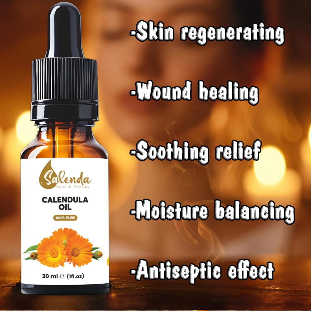 Amber bottle of Salenda Calendula Oil illustrating a premium carrier oil for massage and blends