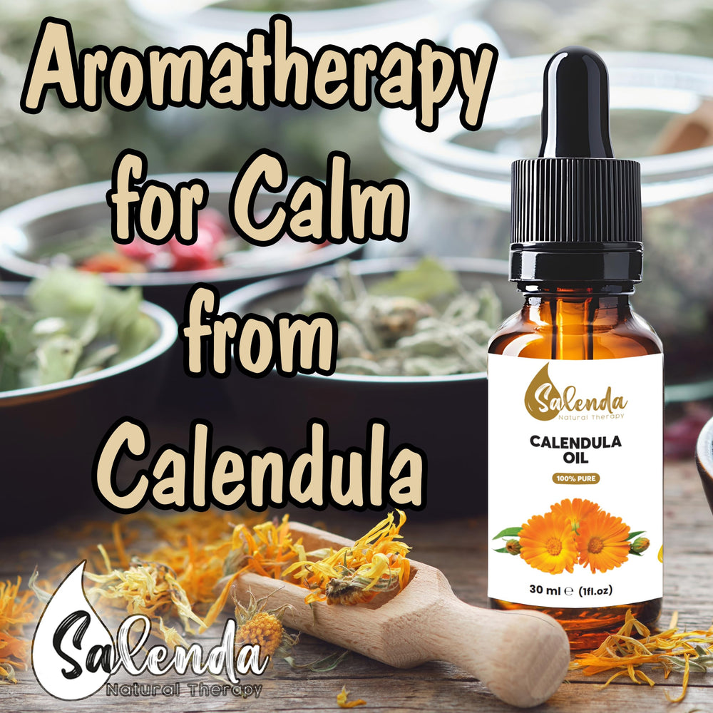Salenda Calendula Oil with aromatherapy diffuser suggesting calming home blends