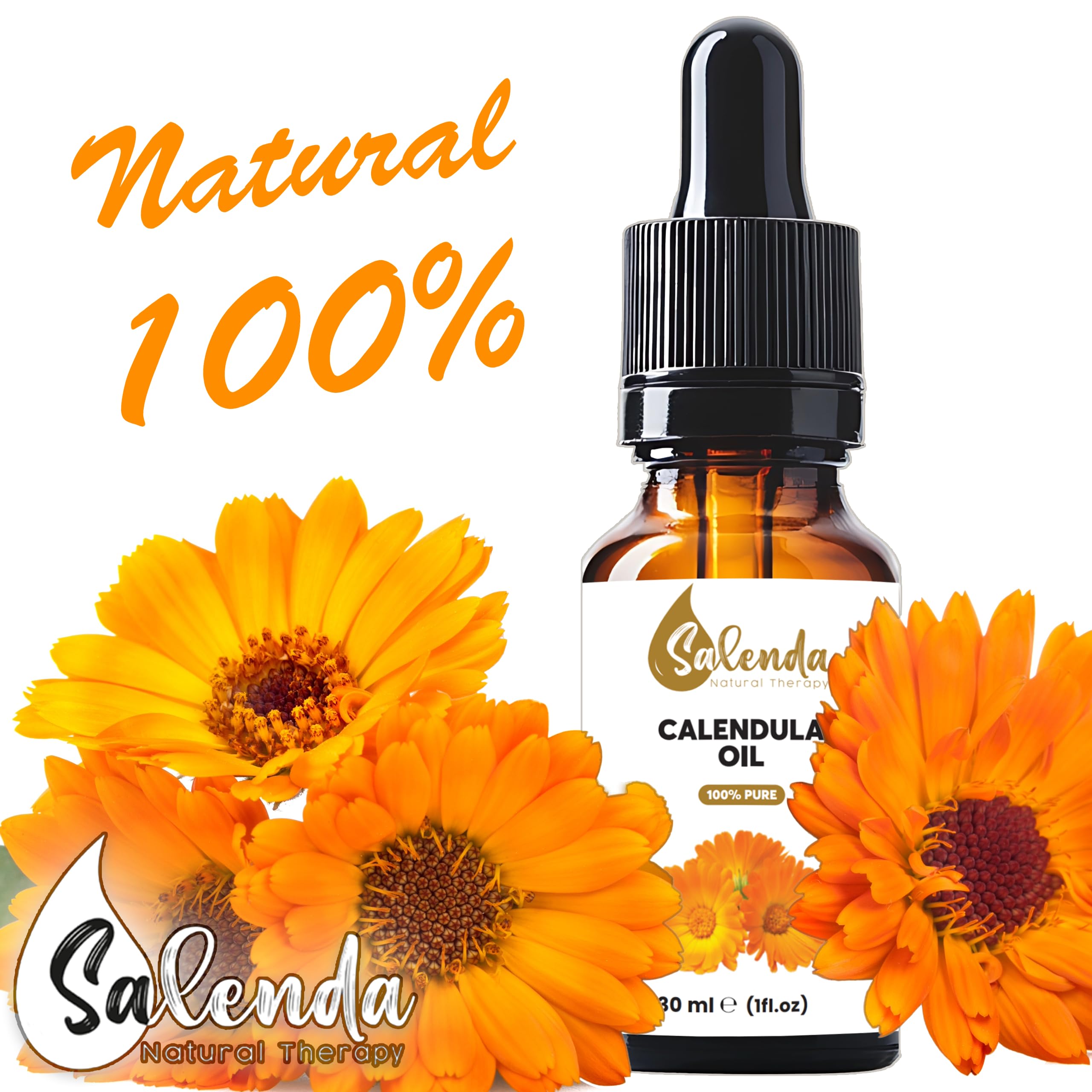 Salenda Calendula Oil dropper pouring to showcase easy dispensing for diluting essential oils