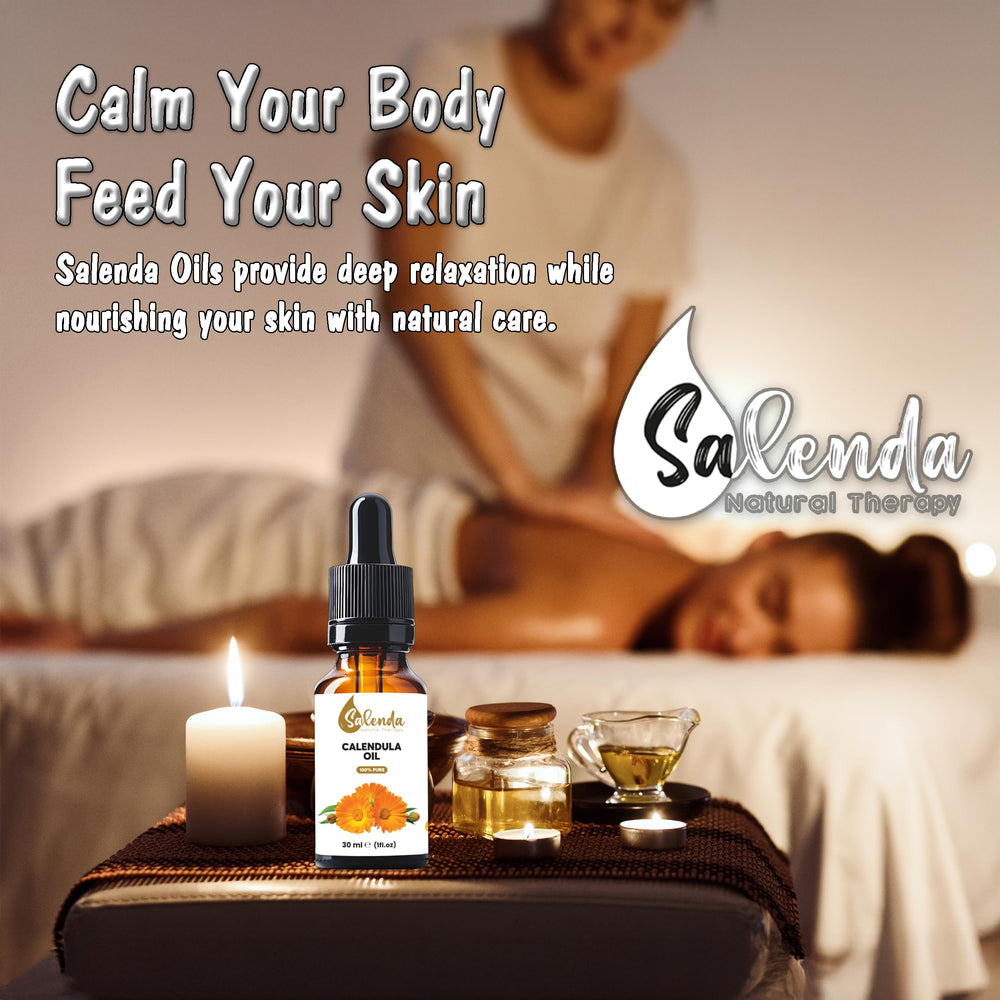 Close-up label of Salenda Calendula Calendula Oil highlighting natural ingredients for daily care