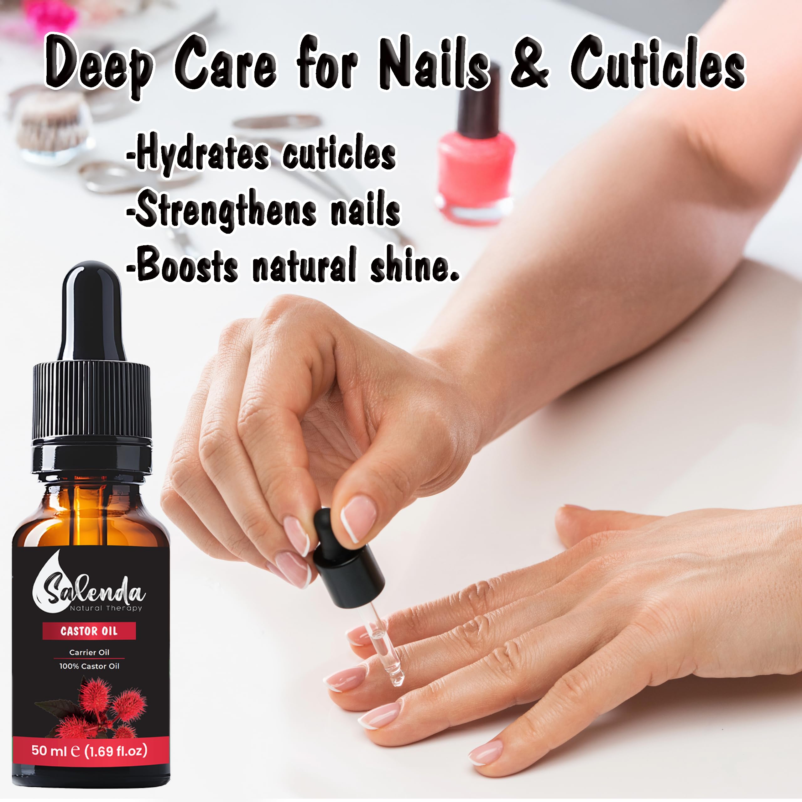 Salenda Castor Oil label close-up emphasizes hexane-free quality