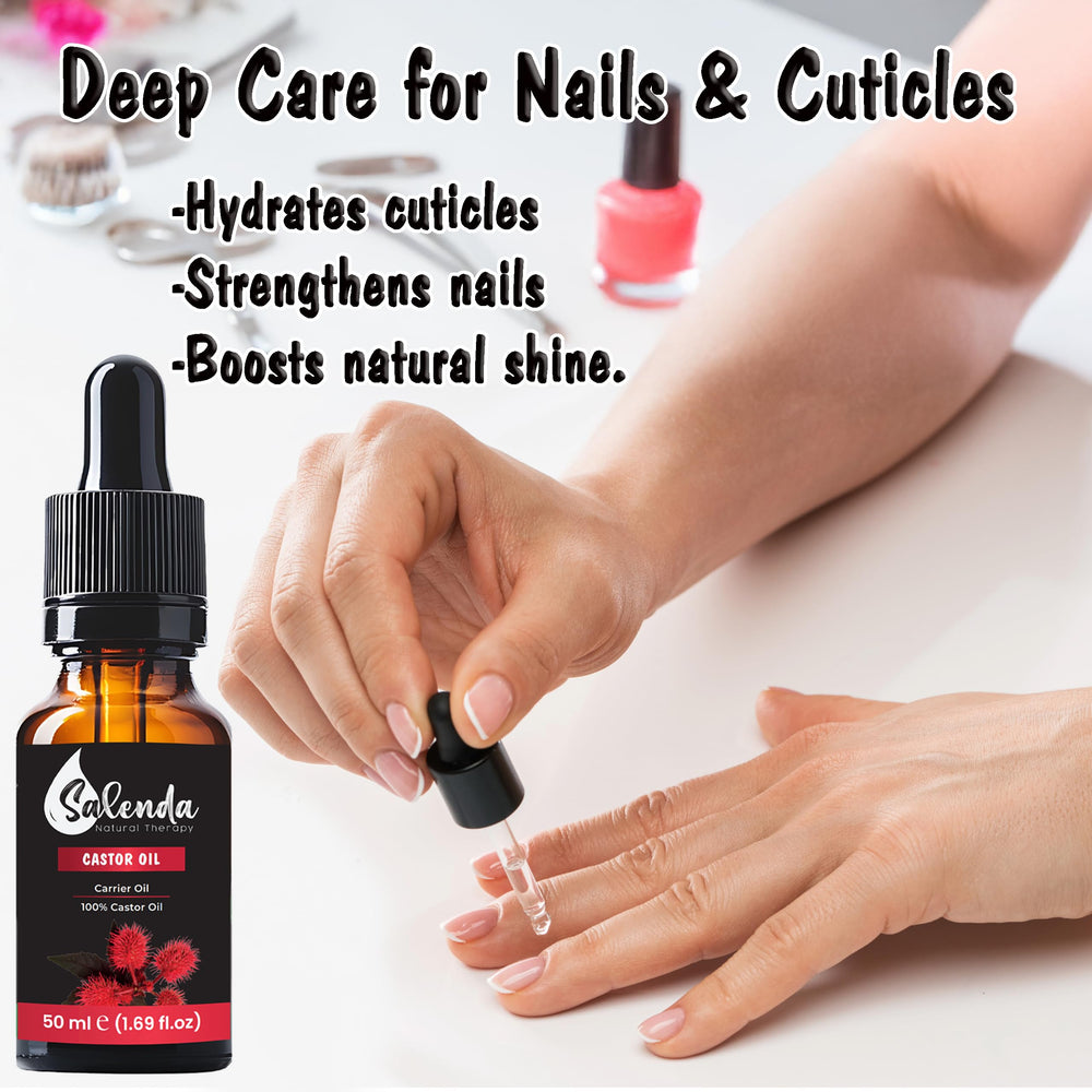 Salenda Castor Oil label close-up emphasizes hexane-free quality