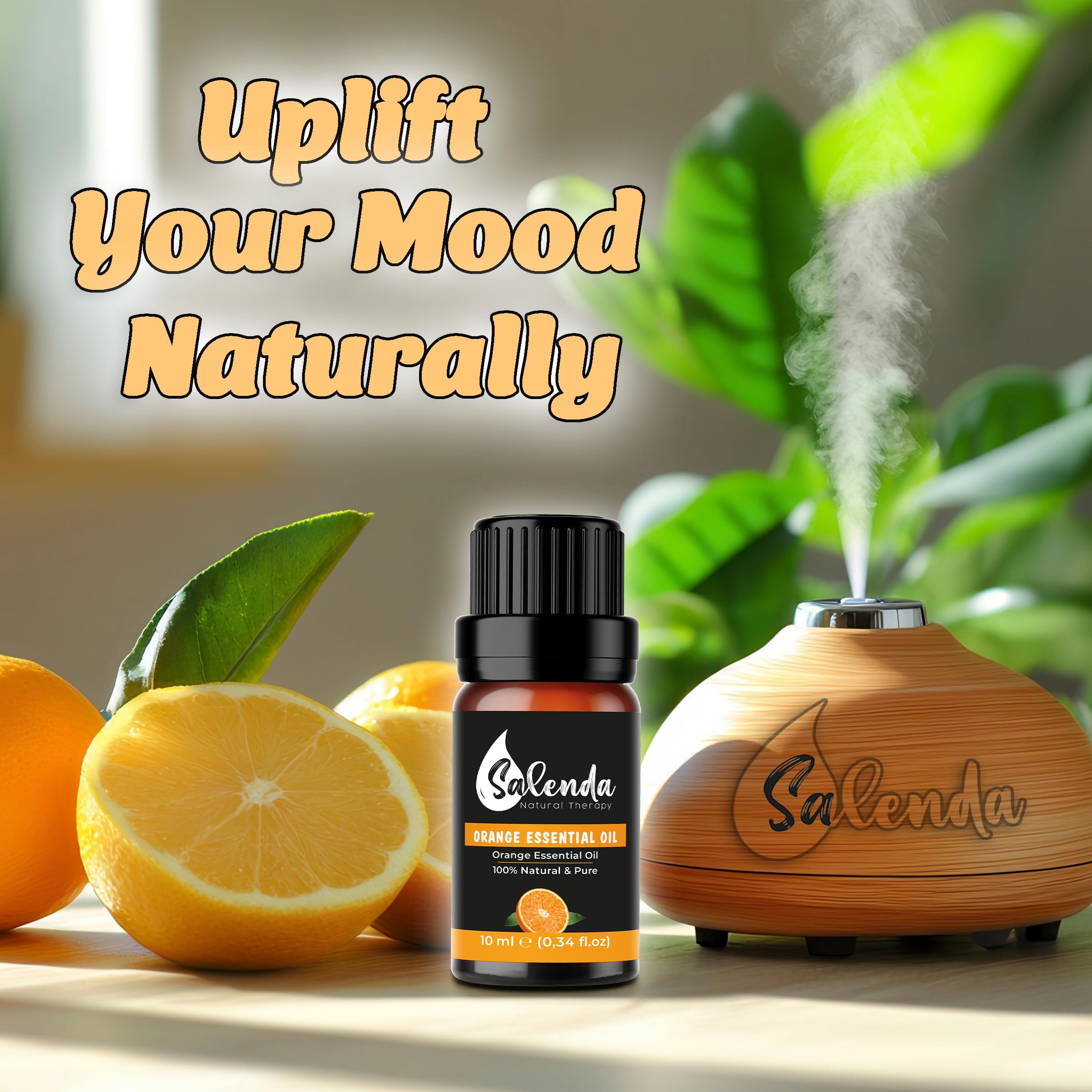 Salenda Orange Essential Oil diffuser setup creating a bright room atmosphere