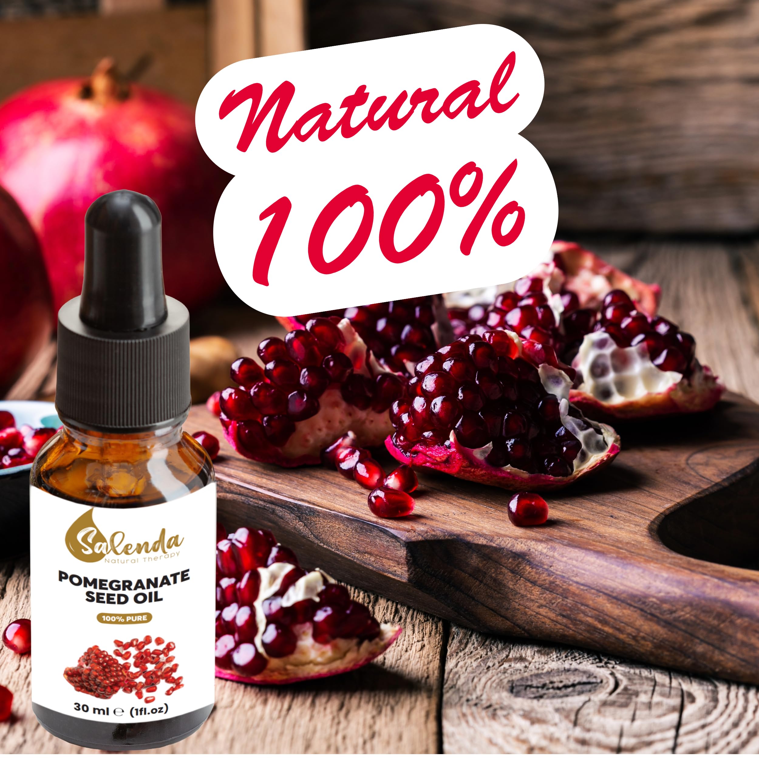 Salenda Pomegranate Seed Oil applied to the face for nourishment and smoothness.