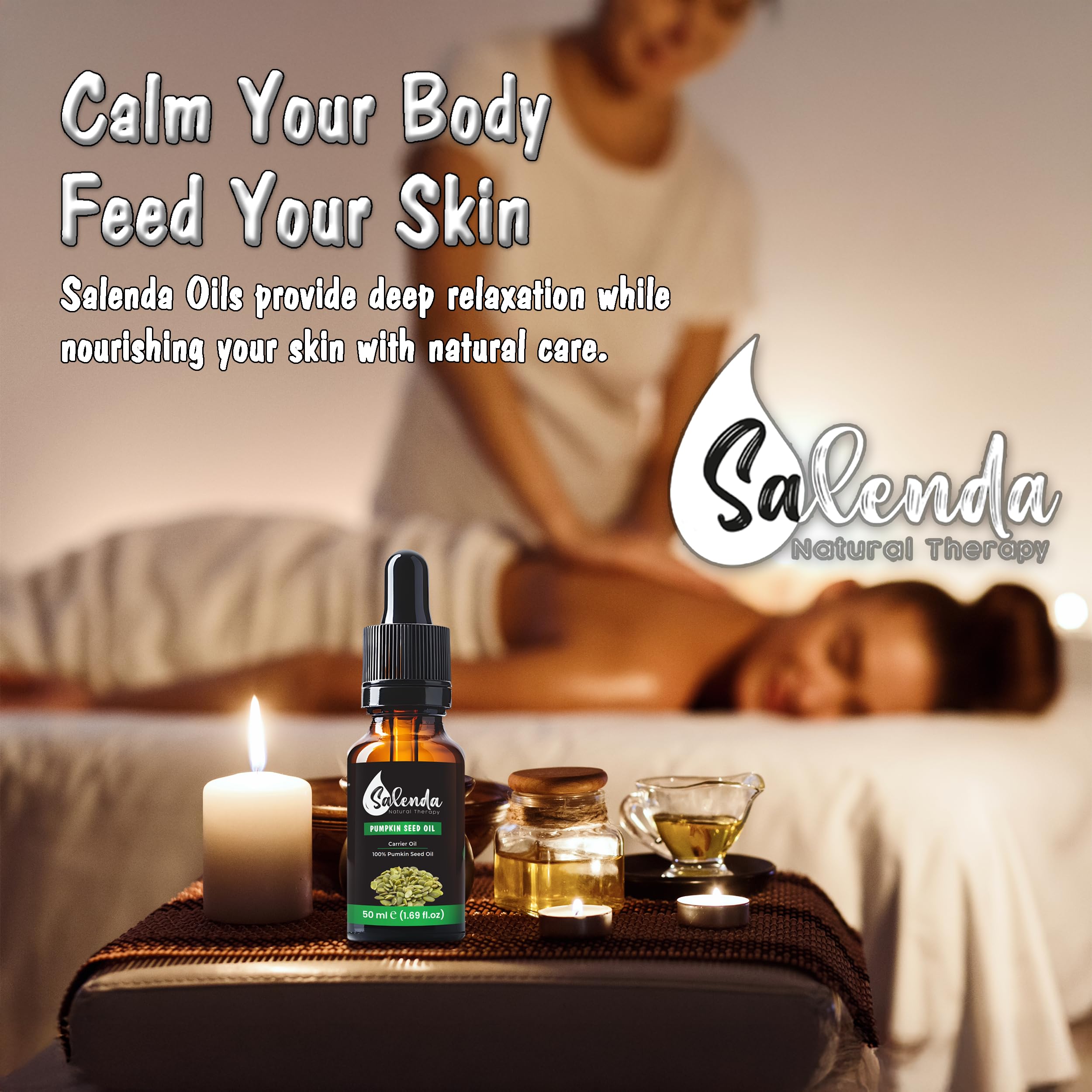Salenda pumpkin seed oil amber bottle emphasizes organic, cold-pressed quality.