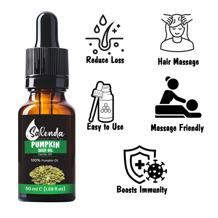 Salenda pumpkin seed oil in hand shows versatile use for hair and body.