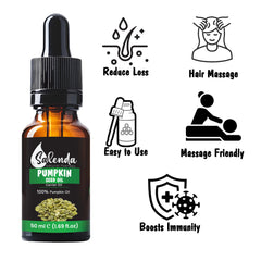 Salenda pumpkin seed oil in hand shows versatile use for hair and body.