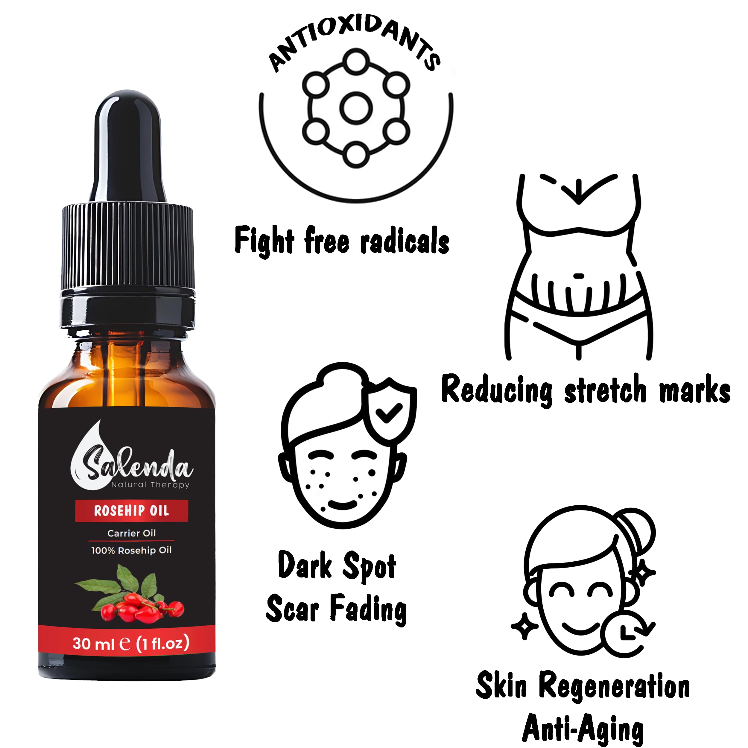 Salenda Rosehip Oil application scene suggests layering under moisturizer for smooth, refreshed skin