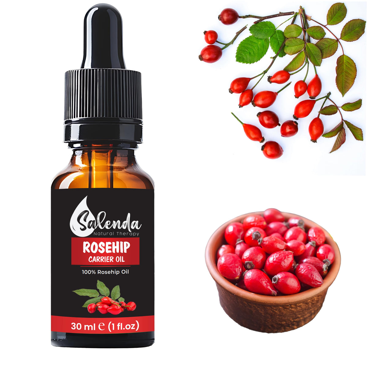 Salenda Rosehip Oil bottle shows a pure cold-pressed formula for hydrated skin