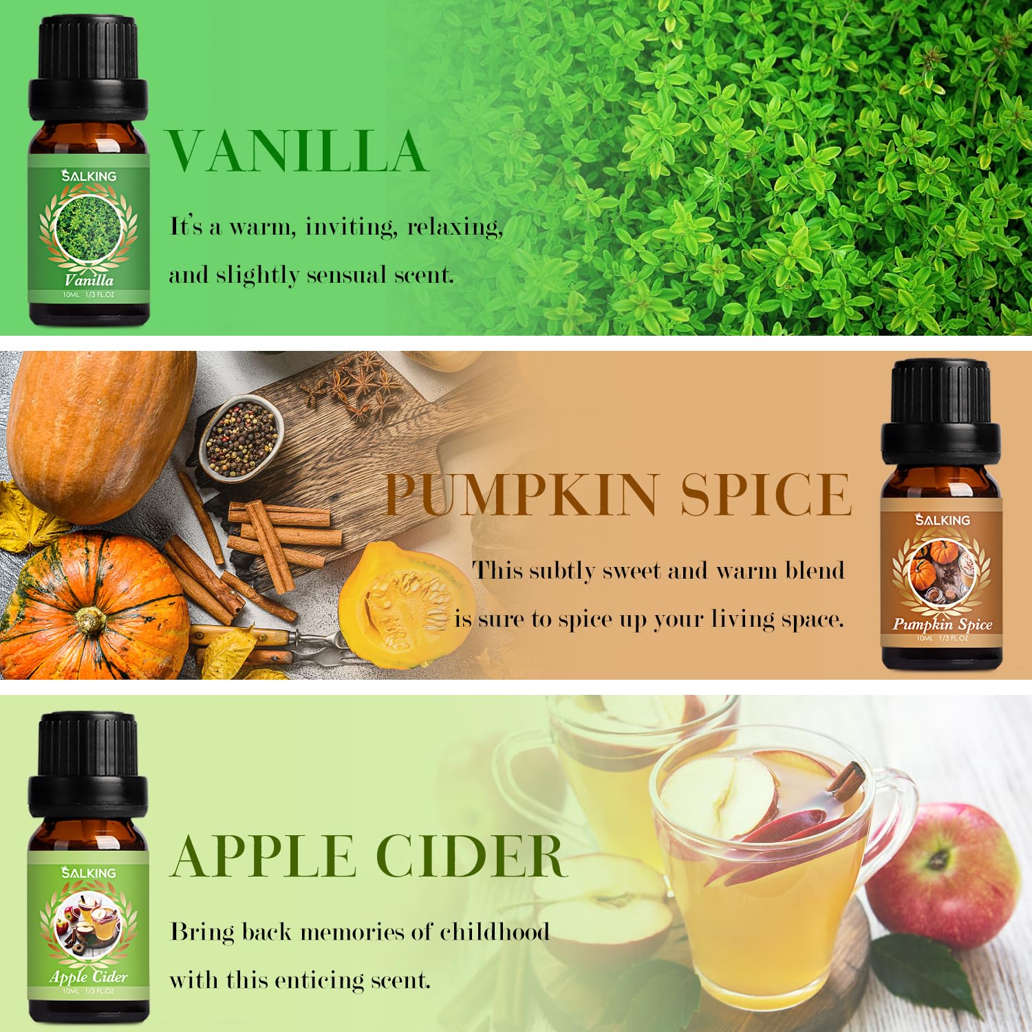SALKING Apple Cider fragrance oil bottle for diffusers and seasonal room refresh.