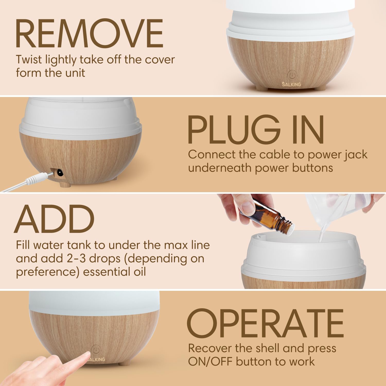 SALKING diffuser set 2 night-light option provides gentle glow.