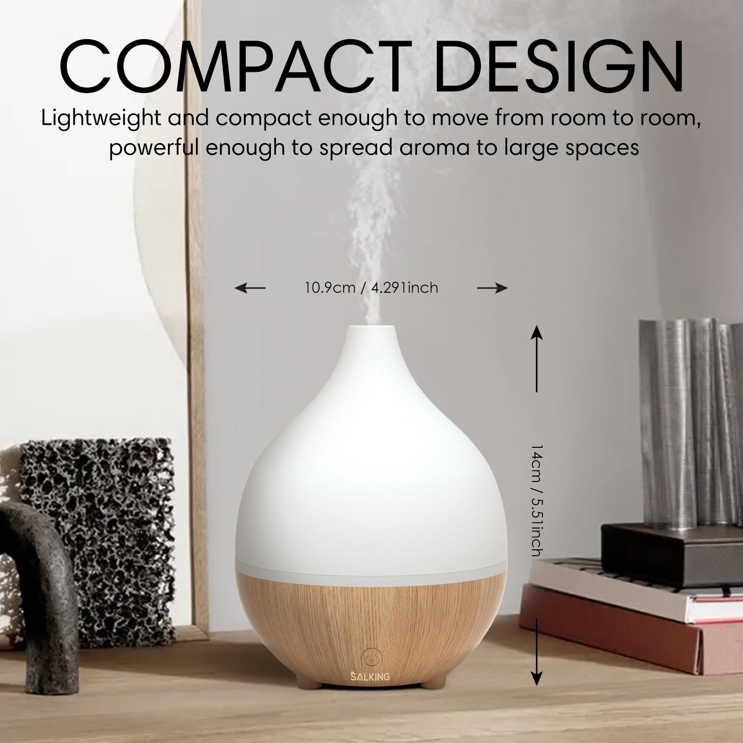 SALKING ultrasonic diffuser releasing cool mist for a refreshing room feel.